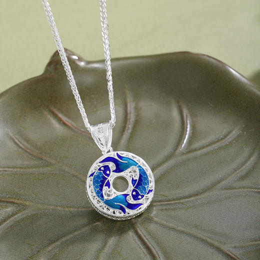 子佩集【好运连鲤】S990银套链【YXYLDZ056】花丝珐琅彩双鱼平安扣福字项链2510 商品图1