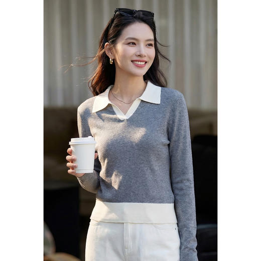 莱赛尔绵羊毛撞色假两件针织衫米思阳2026春季新款半开襟V领上衣女1152/1111 商品图3