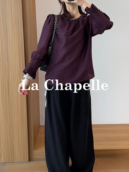 专柜实拍【醋纤丝光感】拉夏贝尔/La Chapelle精致串珠圆领后系带缎光肌理感长袖衬衫气质复古上衣 商品图8