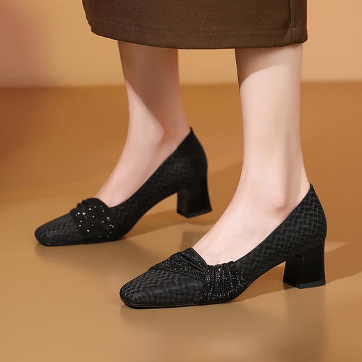 【预售7天】法式设计感浅口水钻方头优雅气质通勤百搭粗跟单鞋MLS&A7007 商品图1
