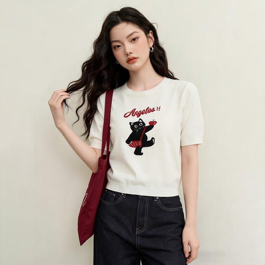 西遇可爱甜酷风2026新款春季卡通猫咪短袖毛衣圆领针织衫上衣T恤H0060218 商品图4