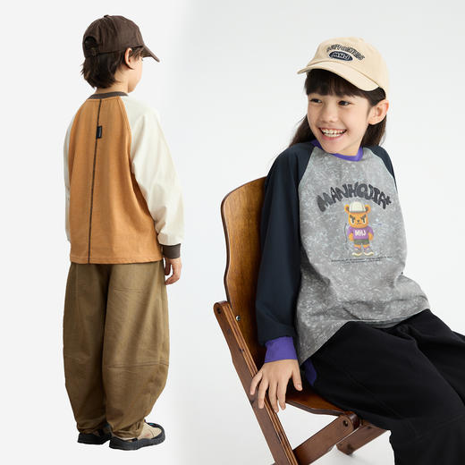 MANHOJIA【蜡染小熊T】儿童长袖T恤复古做旧印花撞色插肩棉T 商品图1