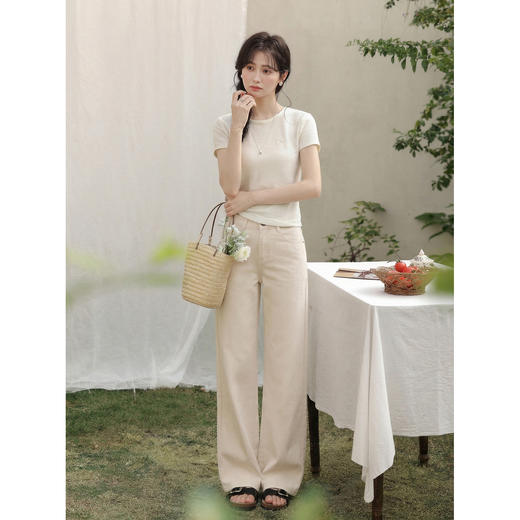 鹿向南「暖柔踏径」白杏色阔腿牛仔裤女夏季韩系松弛感宽松长裤 商品图4