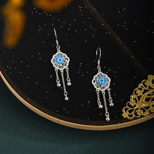 子佩集【花开锦瑟】S990银耳环【MXEH017】蓝花团扇花丝珐琅彩2510 商品图4