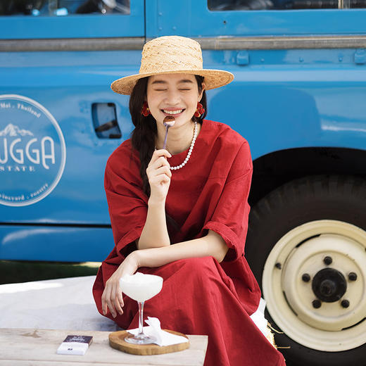 绽放093朵/汉麻棉工装廓感圆领七分袖连衣裙宽松直筒显瘦中袖长裙 商品图2