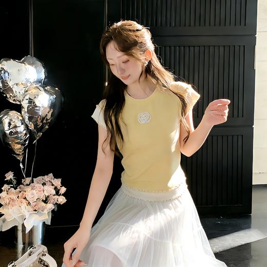 张心子【山茶栀意】圆领气质山茶花撞色花边上衣 U2603006 商品图5