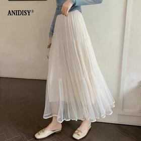 时尚网纱压褶高腰松紧腰飘逸垂感半身裙