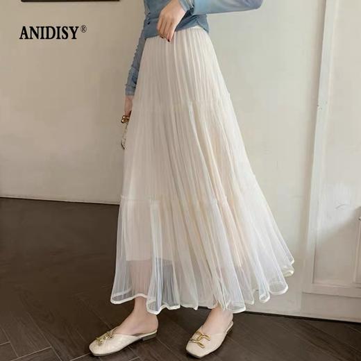 时尚网纱压褶高腰松紧腰飘逸垂感半身裙 商品图0