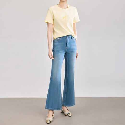 「高货wl」全新升级【铂金会员275/天猫369/差价94】(65517)洛诗琳气质四面弹烫钻牛仔裤2026春季天丝竹节棉喇叭裤女 商品图0