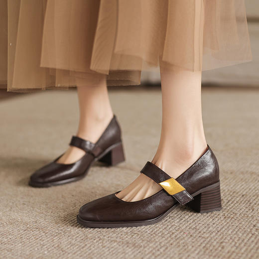 阿么手工女鞋复古粗跟一字带浅口单鞋春季新款真皮玛丽珍鞋女5CM 商品图4