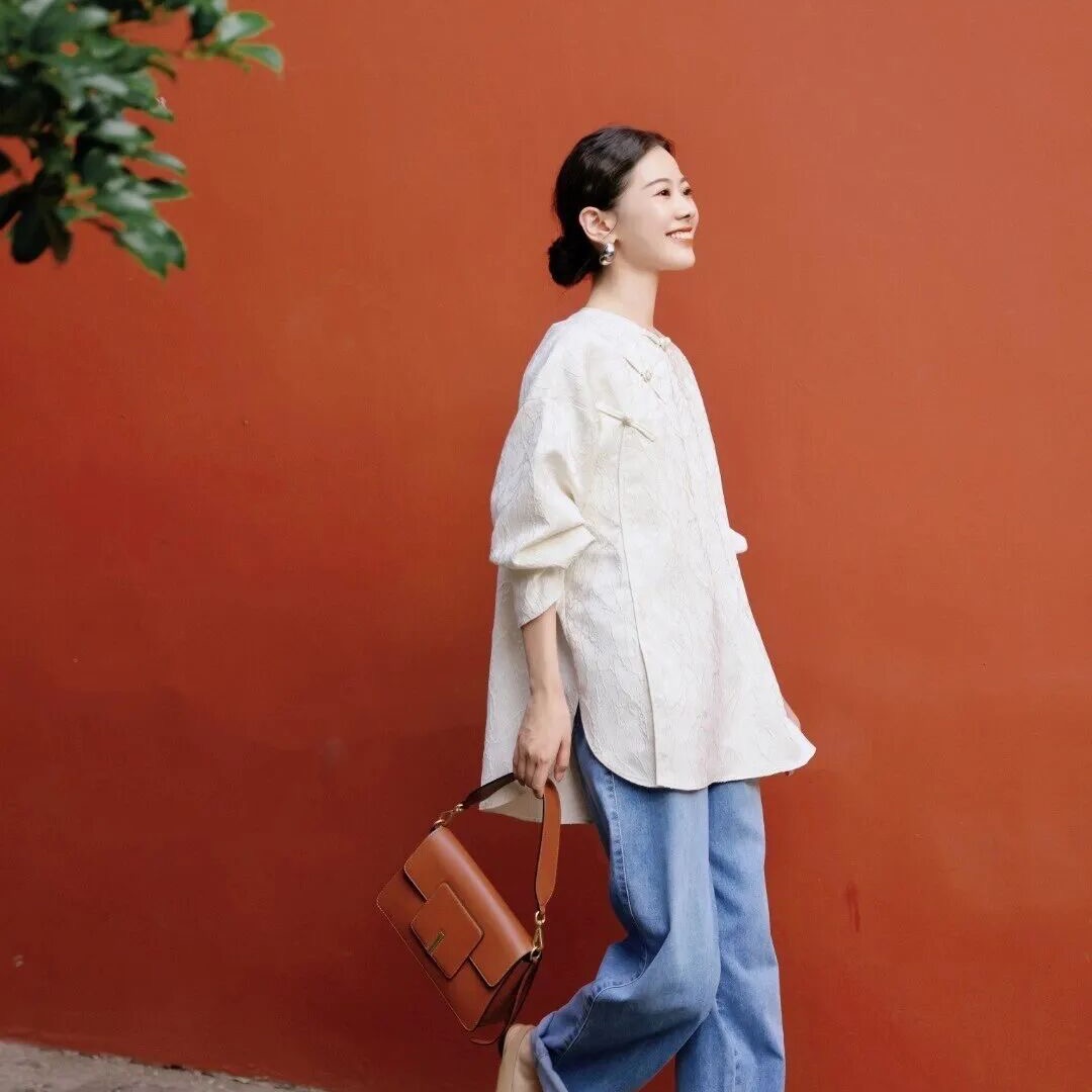 （3-5天发货）枯笔提花新中式衬衫，圆领中式右衽开襟，团云扣富有格调，重工浮雕提花，定制客供提花面料！