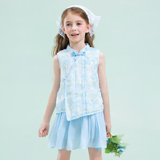 笛莎/Deesha 观山见2026年夏季新款童装女童国风套装无袖T恤+半身裙 商品图1
