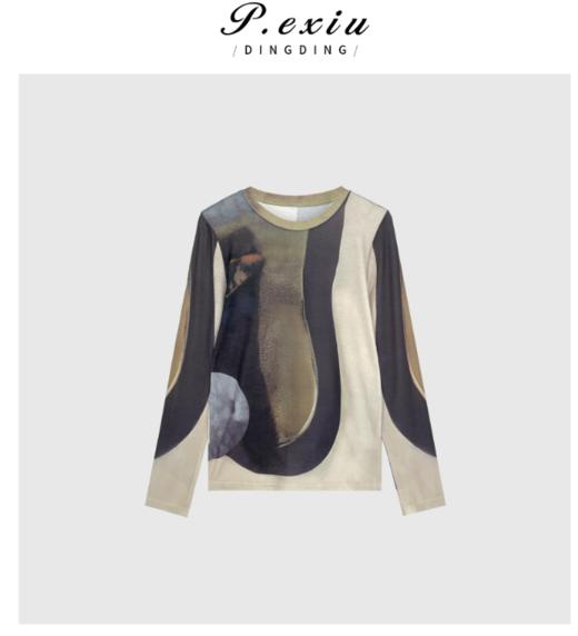 03-3潘依绣丁丁宠粉低饱和素描感美式撞色扎染长袖T恤 W-62013 商品图0