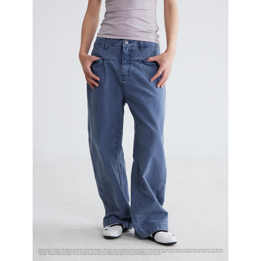 CryingCenter休闲复古法工蓝洗水做旧工装裤修饰腿形小弯刀长裤 商品图2