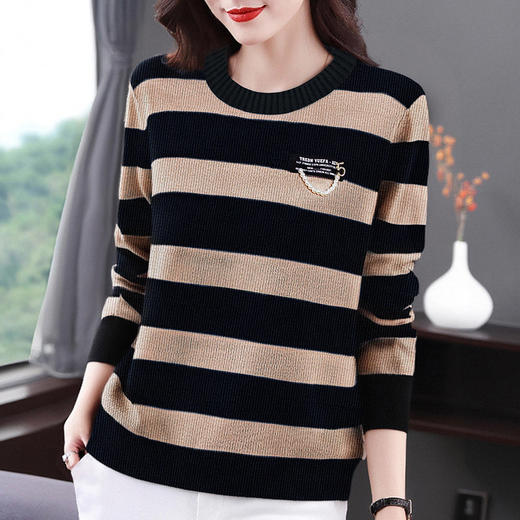 大码条纹打底衫女秋冬新款休闲套头针织上衣中年妈妈圆领女士毛衣 商品图3