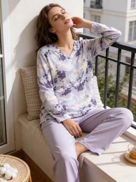 【棉莫水墨花卉】德国舒雅女士秋冬棉莫代尔睡衣印花舒适v领套头家居服套装31/25111H