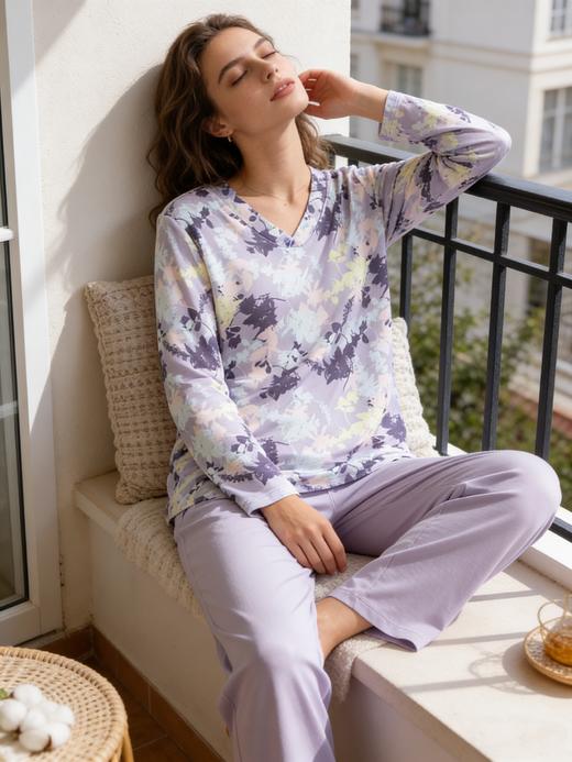 【棉莫水墨花卉】德国舒雅女士秋冬棉莫代尔睡衣印花舒适v领套头家居服套装31/25111H 商品图0