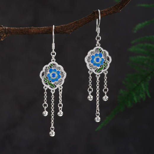 子佩集【花开锦瑟】S990银耳环【MXEH017】蓝花团扇花丝珐琅彩2510 商品图1