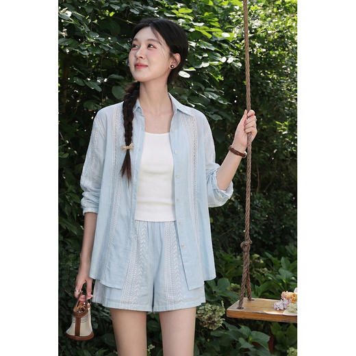 鹿向南「清氧蓝系」长袖薄款蓝色衬衫女夏季新款休闲短裤时尚套装 商品图3
