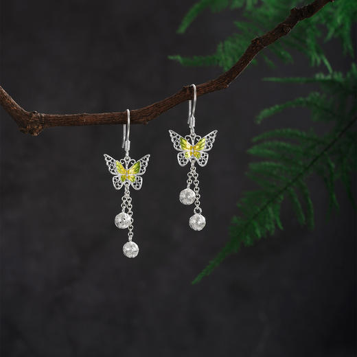 子佩集【翩翩蝶舞】S990银耳环【MXEH018】绿蝴蝶花丝珐琅彩2510 商品图3