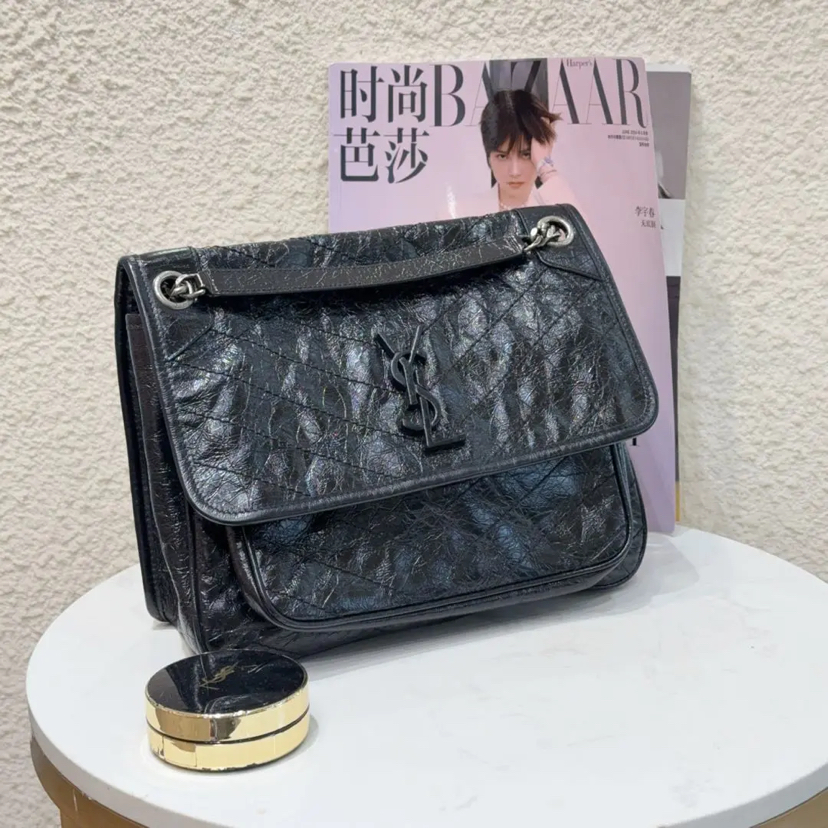 YSL Niki Shopping Bag 中号 黑银 油蜡牛皮 斜挎包