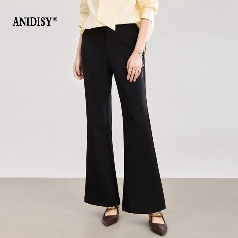 时尚高腰拉链后松紧腰弹力喇叭休闲裤