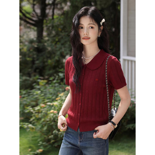 鹿向南「慕斯柔风」复古娃娃领红色针织衫短袖T恤女显瘦开衫上衣 商品图0