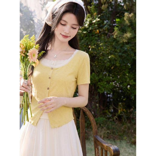 鹿向南「浅夏拾光」法式黄色短袖T恤女夏独特漂亮巨好看收腰上衣 商品图2