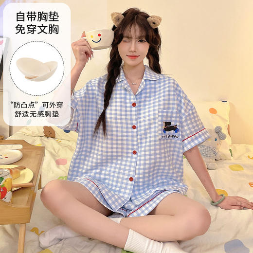 【带胸垫短袖短裤睡衣】碎花开衫短款睡衣 夏季套装加大简约休闲家居服  商品图3