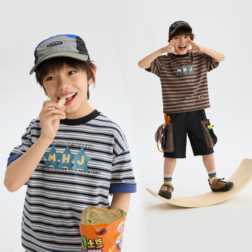 MANHOJIA【牛仔星星T】儿童T恤牛仔印花复古条纹全棉亲肤短袖T 商品图1