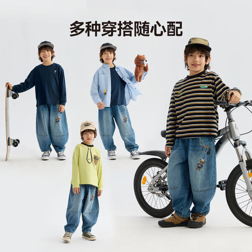 MANHOJIA【小熊定番裤】儿童软牛仔春新品水洗做旧松弛印花牛仔裤 商品图3