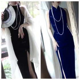 【复团定金】喵娘精工/定制/《军阀旗袍》削肩版禁欲系高级骚黑色丝绒高叉旗袍#款号1005