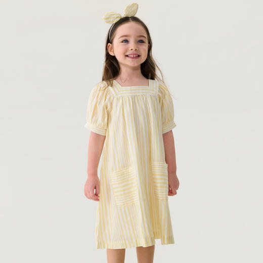 【送发箍】马克珍妮南法夏日女童亚麻条纹连衣裙2026年夏装新款561038 商品图1