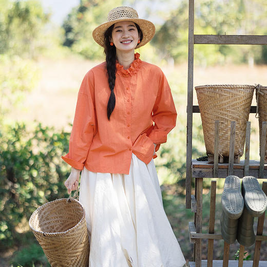 绽放094朵/女魔术师衬衣*亚麻棉砂洗复古花边领显瘦长袖衬衫新款 商品图2