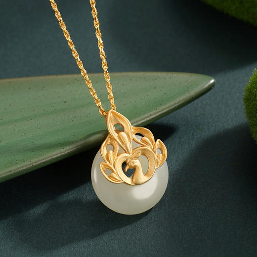 子佩集【翎舞芳华】S925银套链【DZ04976】镀金孔雀平安扣和田玉古法银项链2510 商品图2