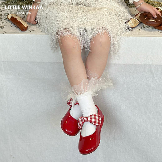 【云优选】Little winkaa格子布蝴蝶结舞蹈鞋女童新年红儿童皮鞋艾莎公主鞋 商品图3