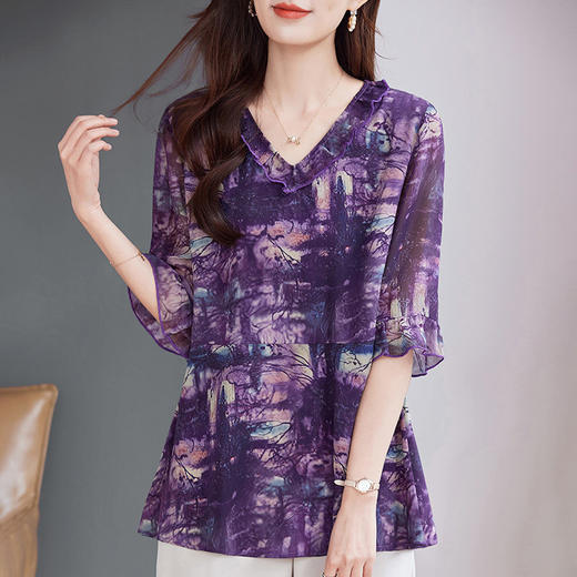 短袖雪纺衫女七分袖2026年夏季新款中袖女士上衣洋气宽松大码女装 商品图3