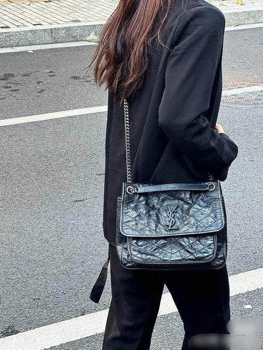 YSL Niki Shopping Bag 中号 黑银 油蜡牛皮 斜挎包 商品图2