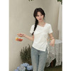 鹿向南「夏风叙语」法式斜肩领白色短袖T恤女夏收腰显瘦正肩上衣 商品缩略图4