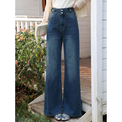 鹿向南「蓝屿微序」垂坠感阔腿裤女夏季新款百搭显瘦蓝色牛仔长裤 商品图1