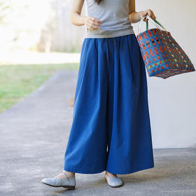 绽放113朵/蓝-艺术家*纯棉色织蓝宽松帅气阔腿裤全腰松紧百搭长裤