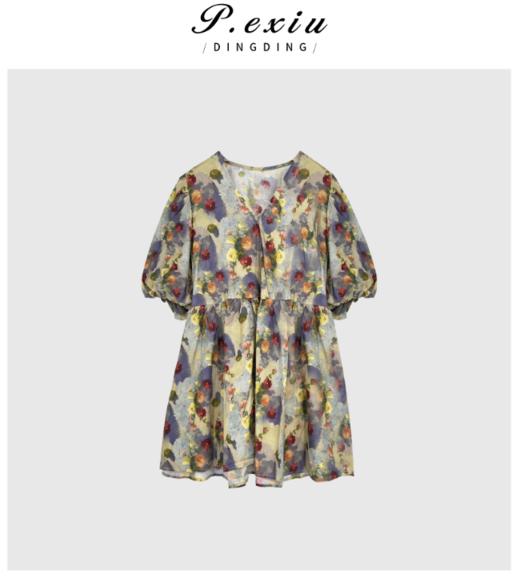 03-3潘依绣丁丁宠粉夏季新款泡泡袖短款V领法式公主碎花蓬蓬裙短袖W5511 商品图0