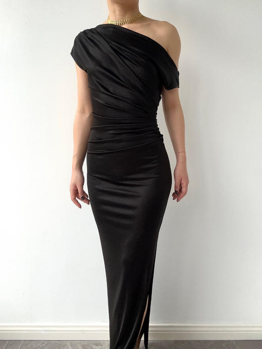 SIJIA｜SS2653 黑色醋酸斜肩短袖连衣裙 商品图7