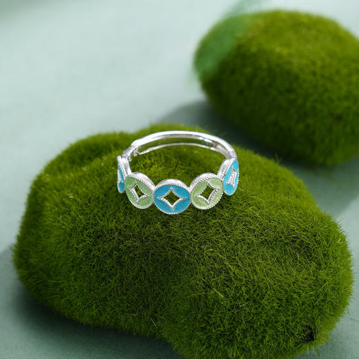 子佩集【赢财生福】S990银戒指【MXJZ027】花丝珐琅彩五连环钱币2510 商品图0