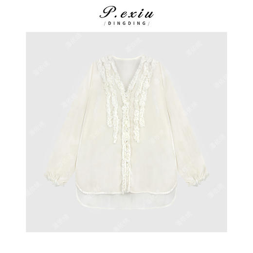 100%人丝丝绒精致感蕾丝木耳边V领长袖衬衫W-63705 商品图1