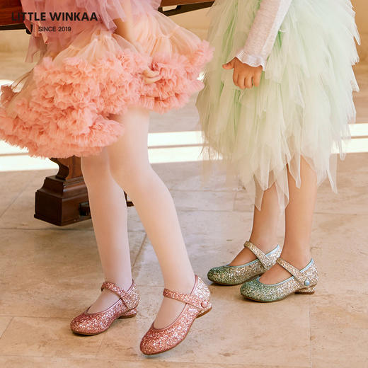 【云优选】Little winkaa童鞋新款渐变格利特爱心跟闪亮魔术贴水晶公主鞋女 商品图4