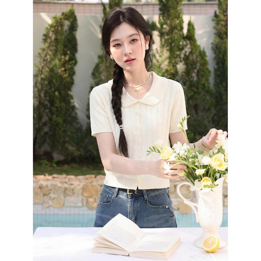 鹿向南「晴屿花眠」翻领白杏色针织衫上衣女夏季独特别致短袖T恤 商品图4