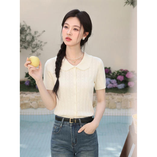 鹿向南「晴屿花眠」翻领白杏色针织衫上衣女夏季独特别致短袖T恤 商品图1