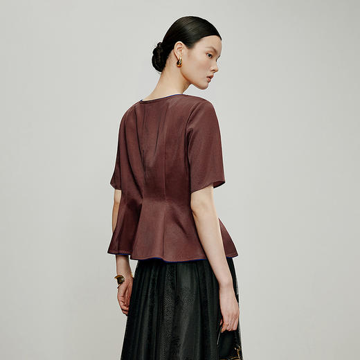【林栖设计小店】落日霞光|素平缎红云纱荷叶边修身显瘦2026夏新款T恤1962029 商品图3