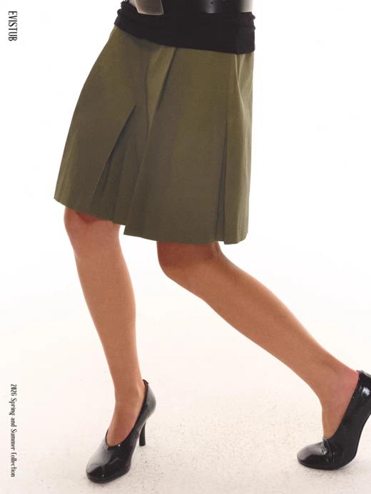 Evistub girls/E-6CZQ1918/复古褶裥中裙  尼龙肌理挺括开叉A型低腰半裙 商品图4